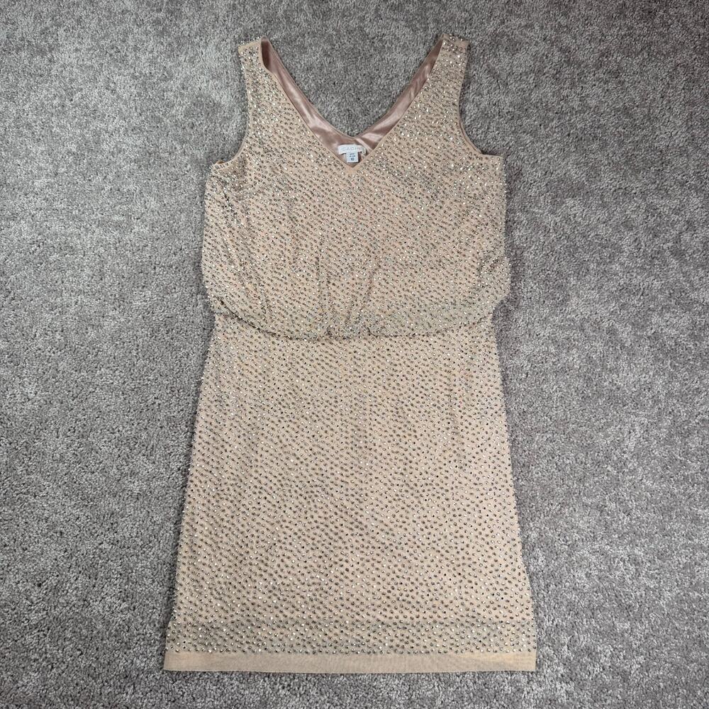 Cache Beaded Jewel Silver Nude Cocktail Dress Size 10 Lined Made in USA